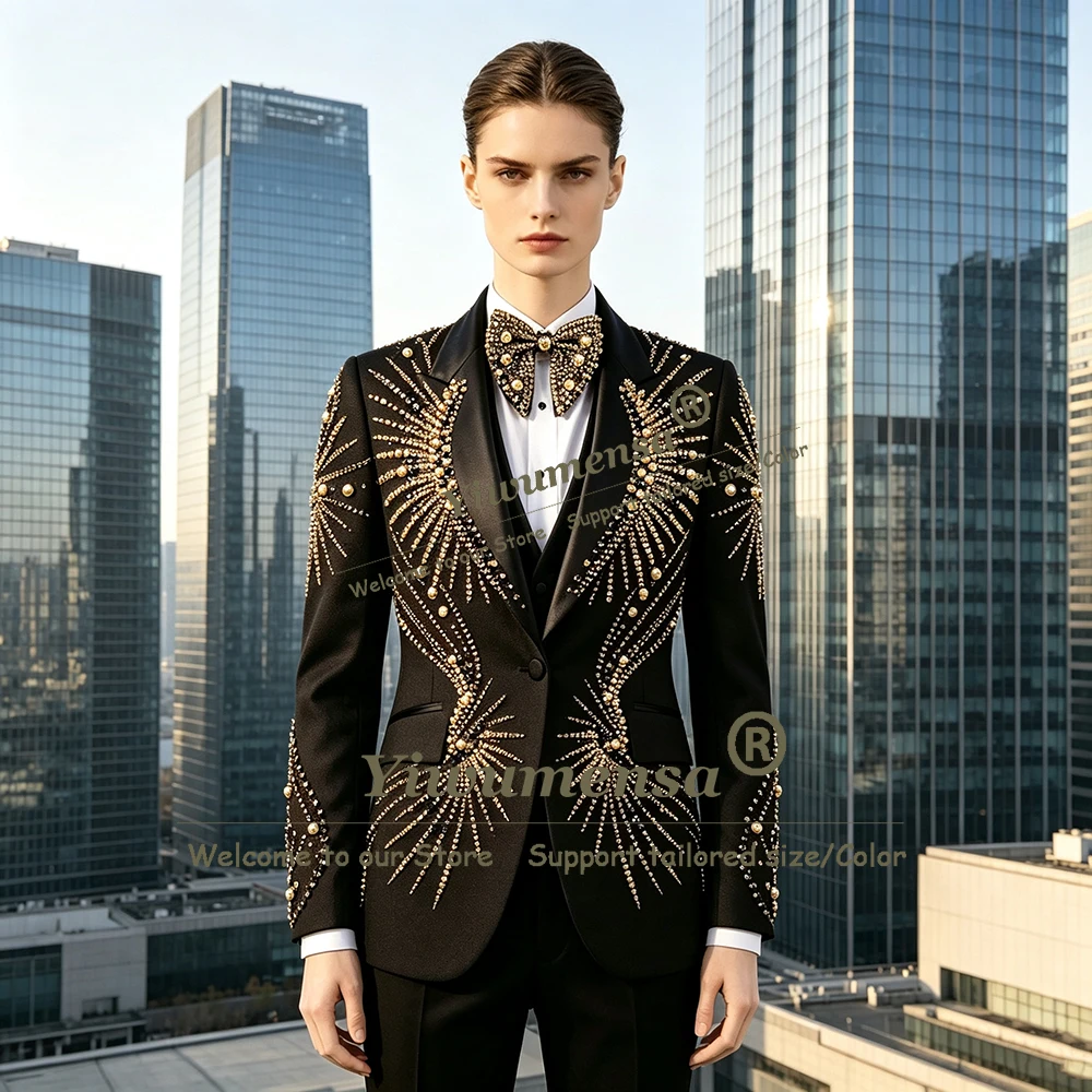 Luxury Pearls Beading Women Suits Slim Fit Shawl Lapel Prom Blazer Vest Pants 3 Pieces Lady Business Party Tuxedo Female Clothes
