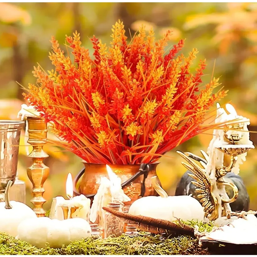 

10 Bundles Artificial Fall Plants Outdoor Fake Monkey Grass with Lavenders Flowers for Pot Garden Verandah Dr for Thanksgiving