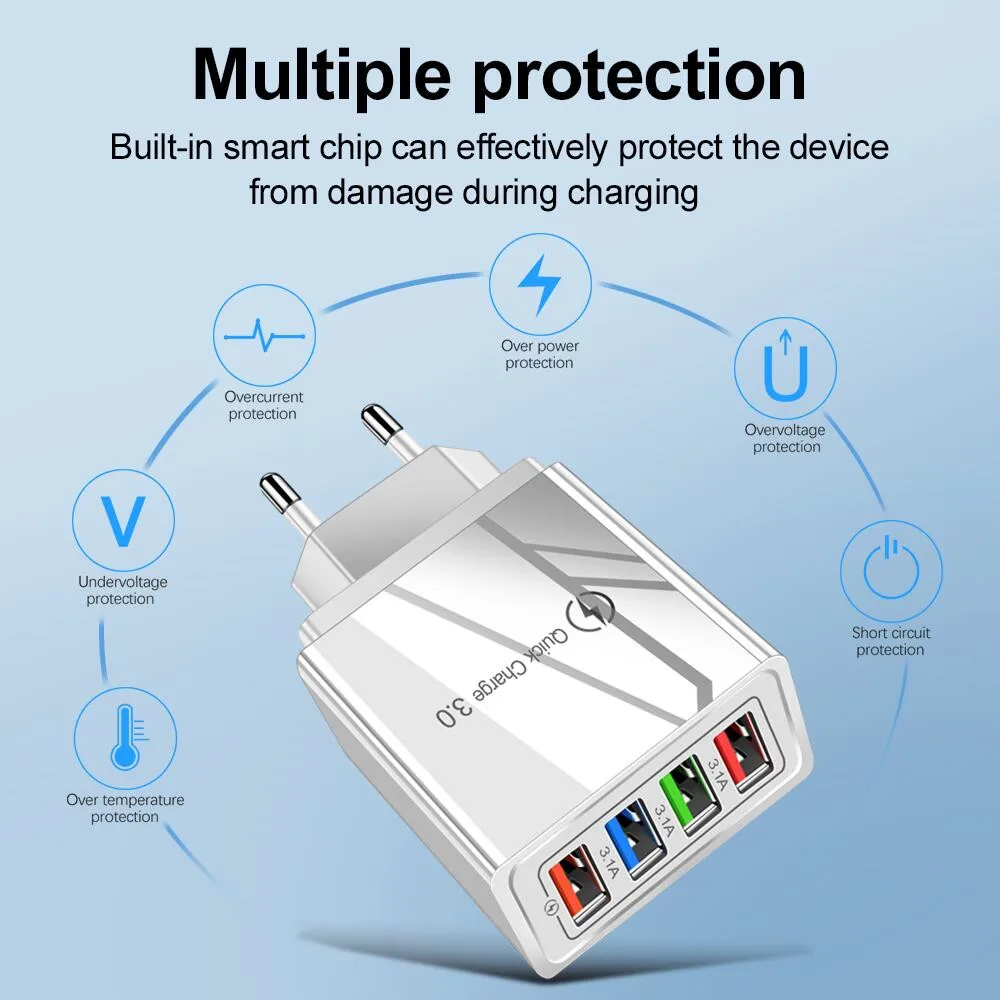 Ładowarka USB do telefonu komórkowego 48W QC 3.0 4 porty szybka ładowarka podróżna do iPhone 14 13 Pro Max Samsung Huawei P50 P40