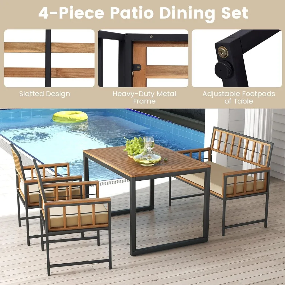 Conjunto de jantar ao ar livre, Móveis de jantar em madeira com 2 cadeiras e 1 Loveseat, 47 "Acacia Wood Table, Conjunto de móveis externos, 4 pcs