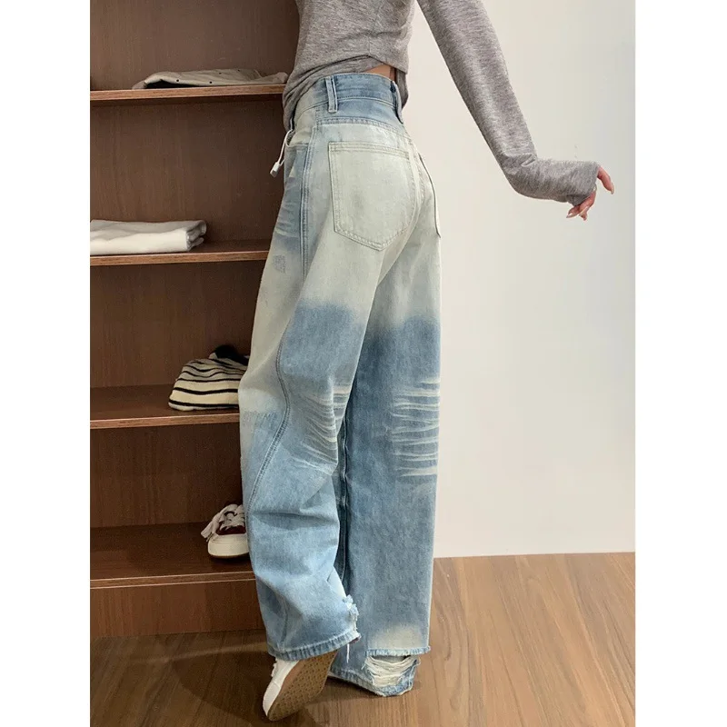 

Women'S Jeans Youthful Woman Clothes Straight Blue Casual Retro 2000S American Distressed Hole Ripped Female Clothing Unisex