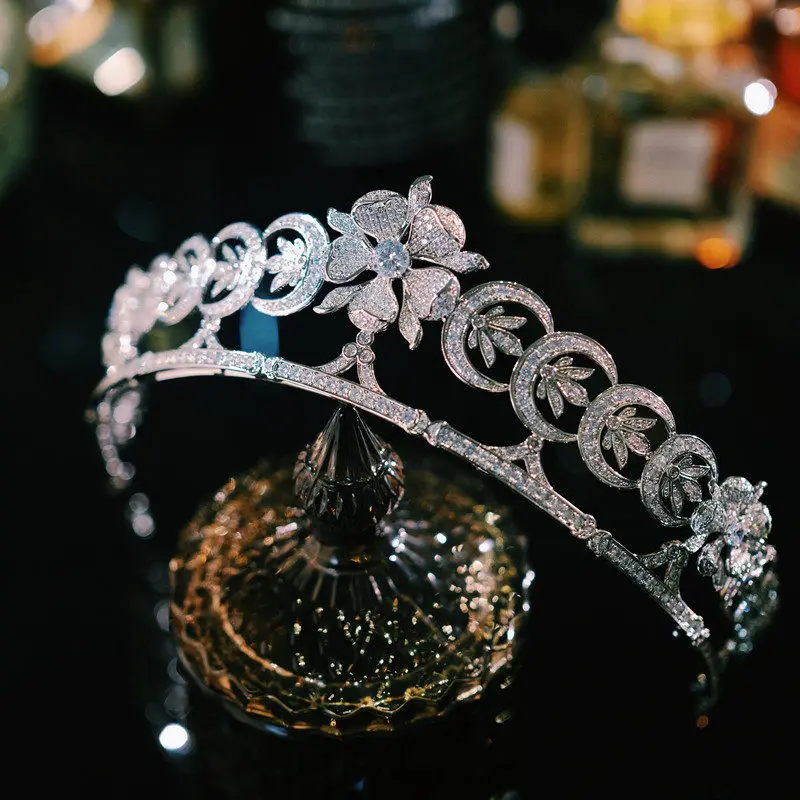 British Duchess Vintage Zircon Crown Crescent Headpiece Handmade Wedding Accessory for Brides