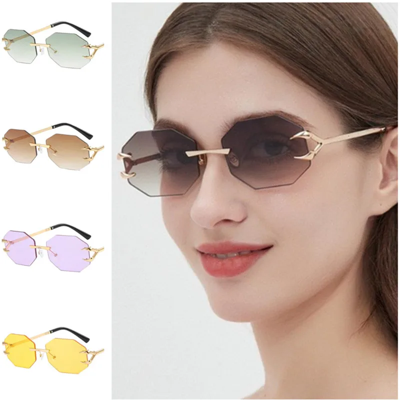 

Fashion Sun Glasses Polygon Anti-UV Spectacles Eyeglasses Personality Temples Google Women Rimless Sunglasses