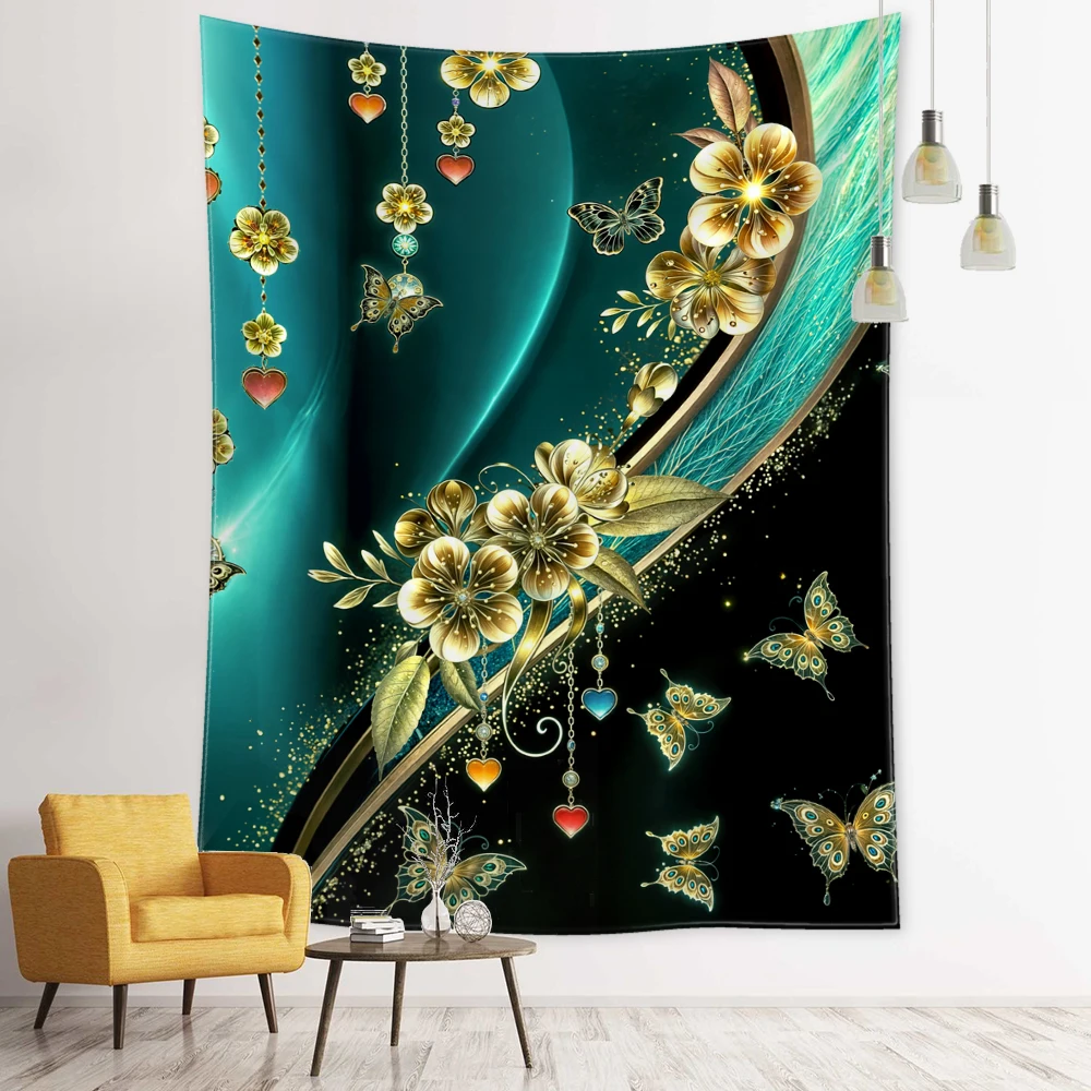 Dreamy Golden Flower Butterfly Tapestry Wall Hanging Love Simple Modern Art Style Bohemian Dormitory Bedroom Home Decor