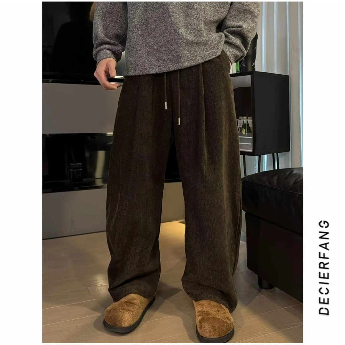 

Мужские повседневные брюки из тонкого твида с эластичным поясом, широкие штанины, универсальные, свободного кроя, удобные, для осени, зимы, весны, лета, длинные