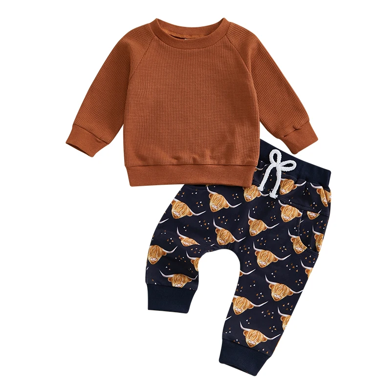 Baby Boy Western Outfit Solid Long Sleeve Pullover Sweatshirt Cattle Print Elastic Waist Pants 2 Piece Set