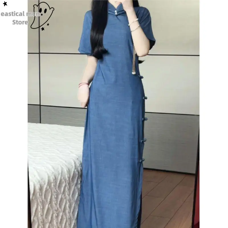 エレガントな女子学生袍ヴィンテージマンダリンカラーチャイナ伝統ボタンダウン中国プリンセスドレスロング Vestidos ローブ