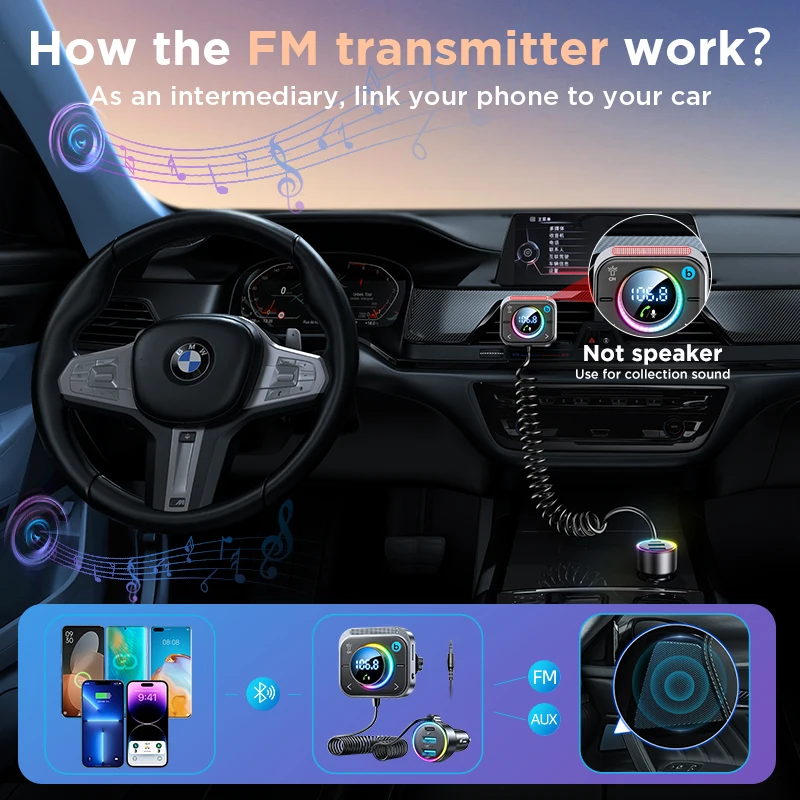 Joyroom Bluetooth 5.3 FM Transmitter AUX Car Adapter Audio FM Transmitter Bass Boost 3 Ports PD&QC 3.0 FM Bluetooth Fast Charger