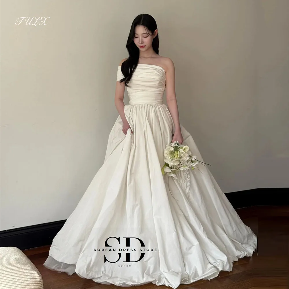 

TULX New Elegant Ivory Wedding Dress Korea Photo Shoot Taffeta One Shoulder Floor Length Bridal Gown Corset 웨딩드레스 Customized