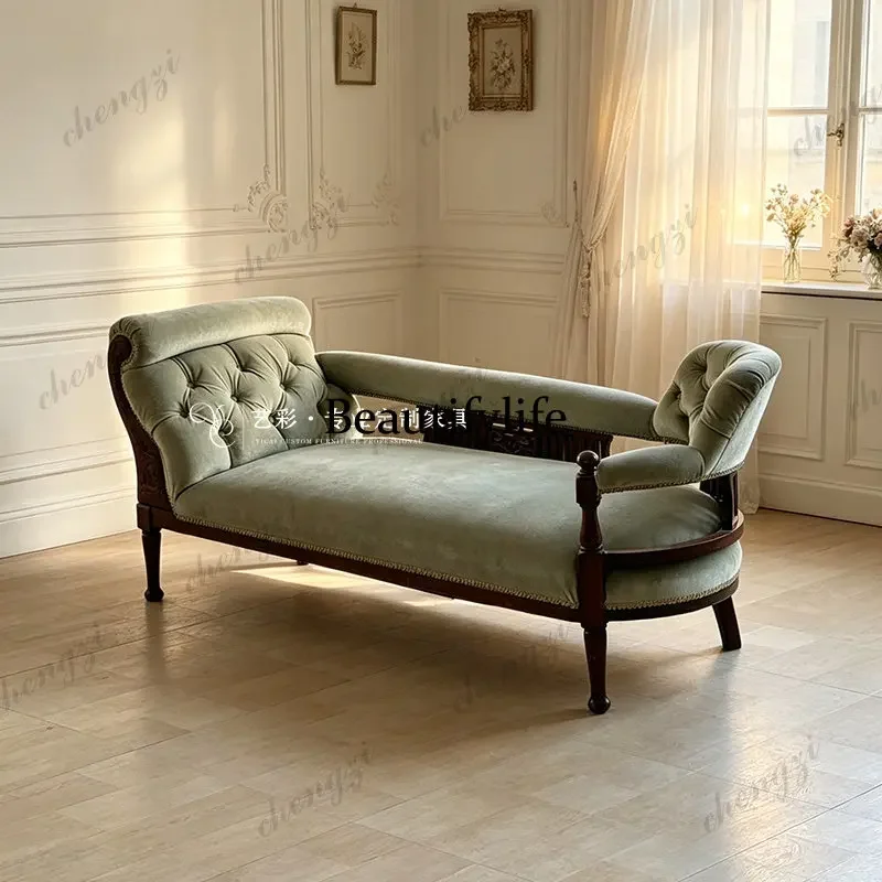 C178 French solid wood living room chaise longue green velvet retro recliner bedroom single sofa