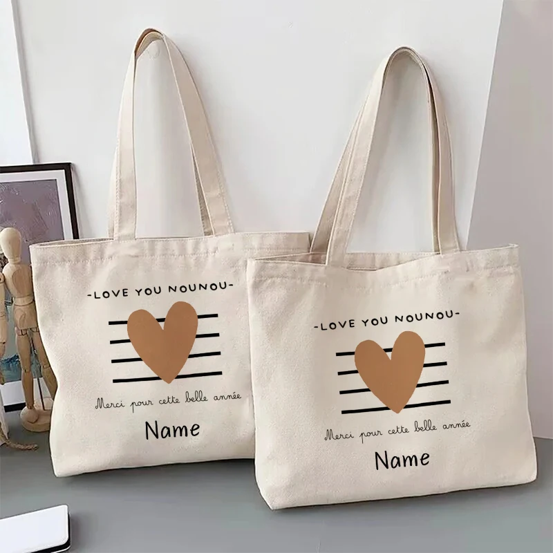 Thank Nounou Customized Name Handbag Tote Bag Organizer Reusable Shopping Bags Travel Storage Shoulder Bag Love You Nanny Gifts