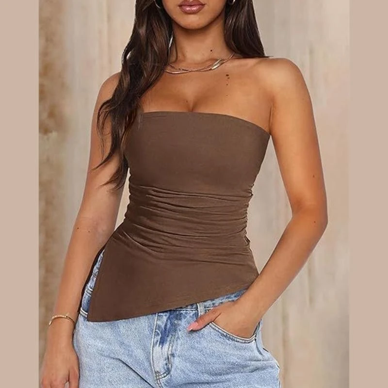 Off Shoulder Blouse Ruched Asymmetrical Tube Top for Women Strapless Side Split Tank Top Going Out Bodycon Bandeau Shirt