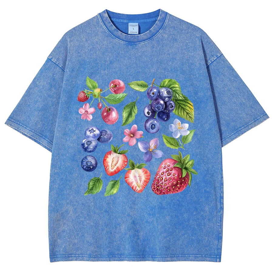 

Summer New Women's T-Shirt Y2K Women's Clothing Sales 2024 Oversize Fruit Print Wash Top Harajuku Short Sleeve Men