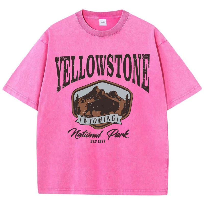 Woman Cotton Washed T-Shirts All-Math O-Neck Distressed Short Sleeve The Bison In Yellowstone Park Printing Tops Summer Clothes