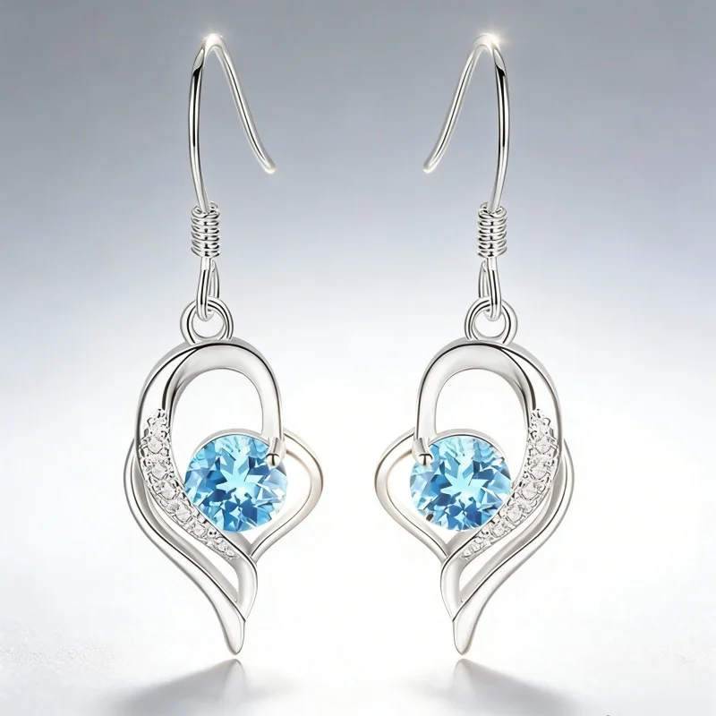 

925 Sterling Silver Stylish Exquisite Blue Zircon Heart Earrings Birthday Party Anniversary Gift