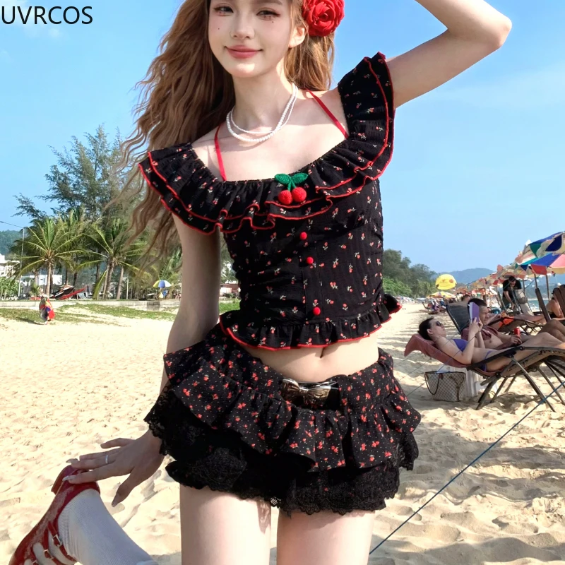 Kawaii Lolita Style Sweet 2 Piece Set Women Cute Cherry Print Crop Top Lace Ruffles Patchwork Shorts Female Korean Fashion Suit