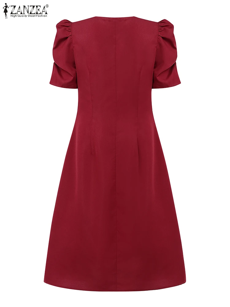 2025 Moda OL Abito da lavoro Donna Collo quadrato Vestito estivo Casual Abiti larghi Manica corta a sbuffo Tinta unita Al ginocchio Robe Femme