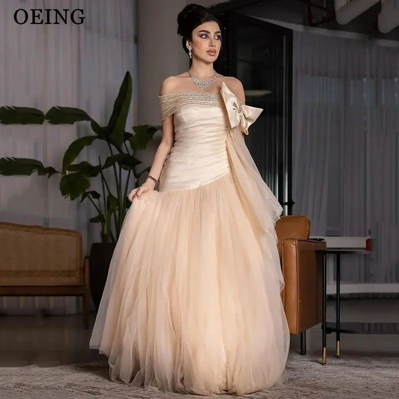

OEING Elegant A-Line Prom Dress Off The Shoulder Beading Sleeveless Bow Party Gowns Floor Length Evening Dress Customized
