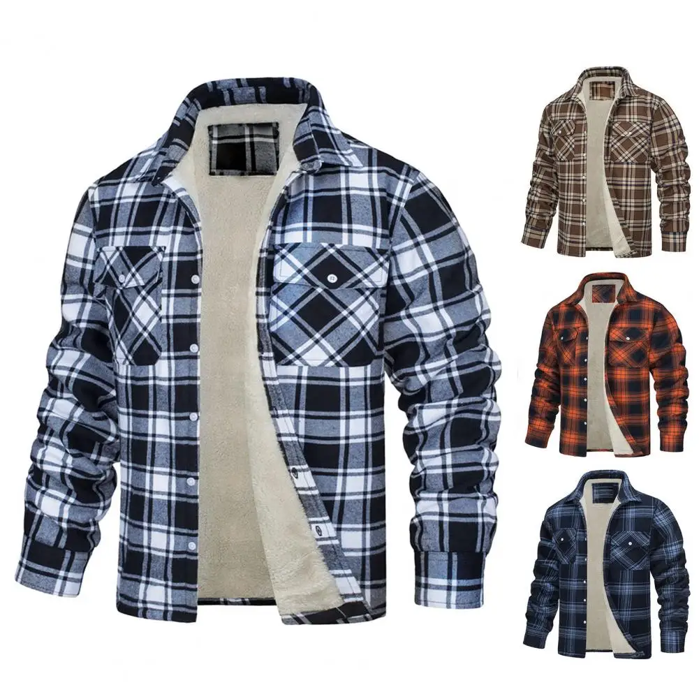 Chest Pocket Jacket Plaid Print Lapel Men's Winter Jacket with Soft Plush Pockets Single-breasted Design for Casual Mid Length