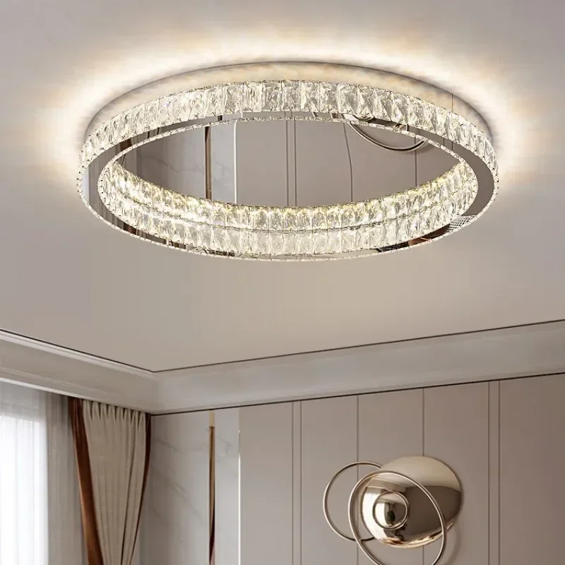 

Modern Luxury Lustre Crystal Led Ceiling Lights Living Room Chrome Steel Round Ceiling Chandelier Lamp Bedroom Led Dimmable Lamp