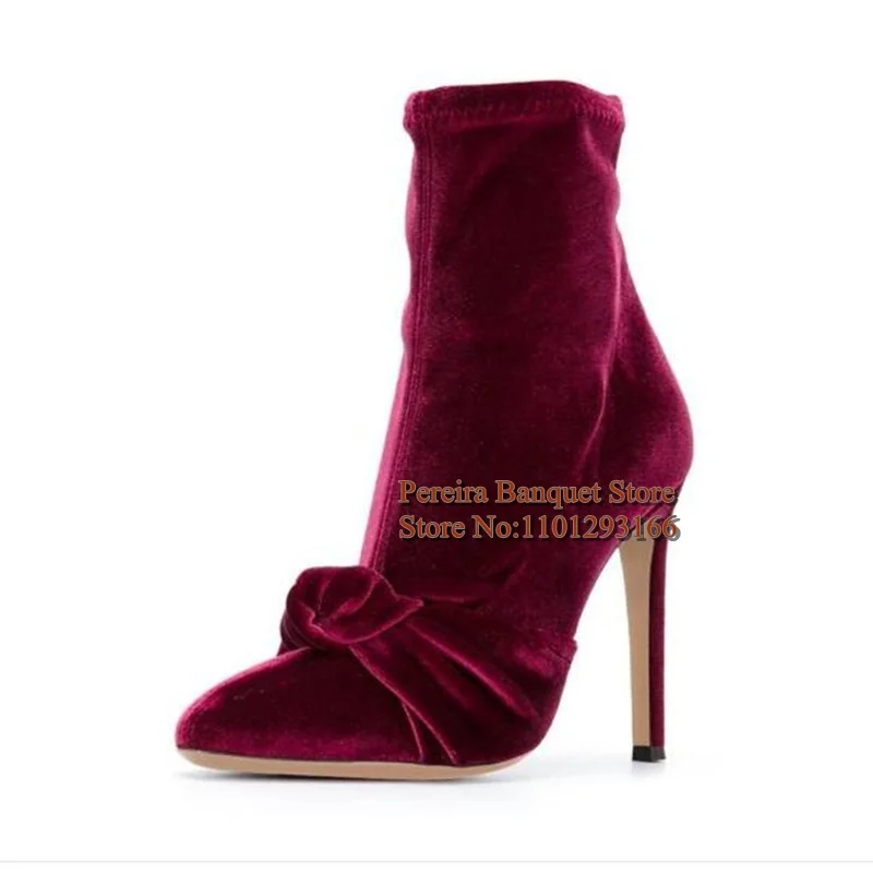 Wholesale Velvet Bowtie Knot High Heel Boots Fuchsia Black Stretch Fabric Thin Heels Pointy Toe Spring Autuumn Footwear