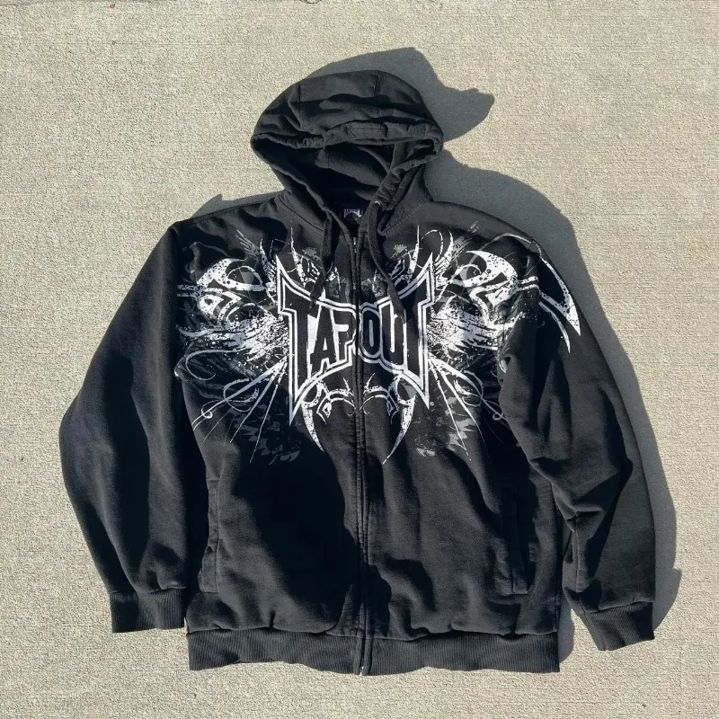 Tapout Zipper Hoodie Y2K Sweatshirt Retro Hip Hop Letter Print
