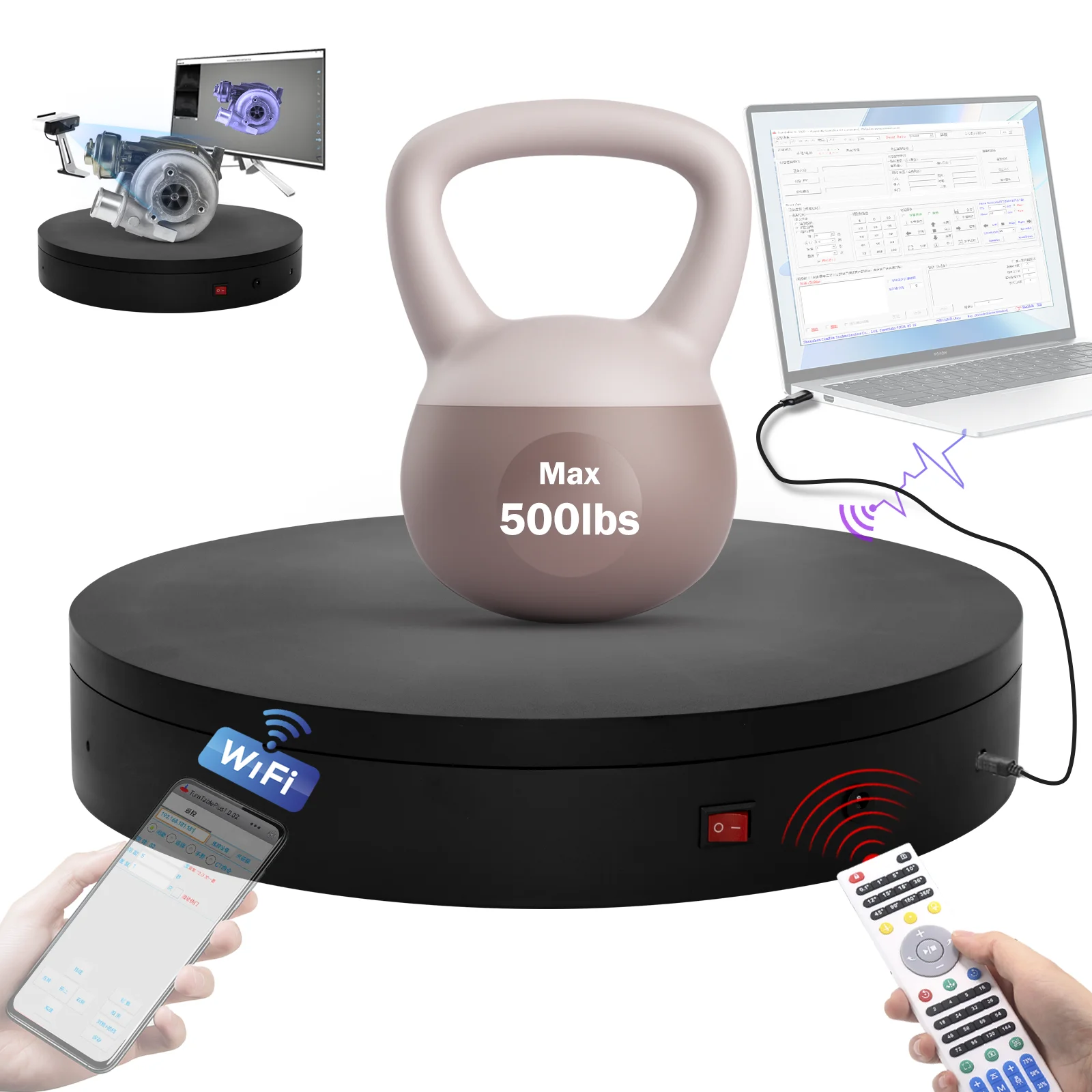 

MT400RUWL 40cm High-load Intelligent Programmable Electric Turntable, Max Load 500lbs, Supports USB and Wi-Fi Connection.