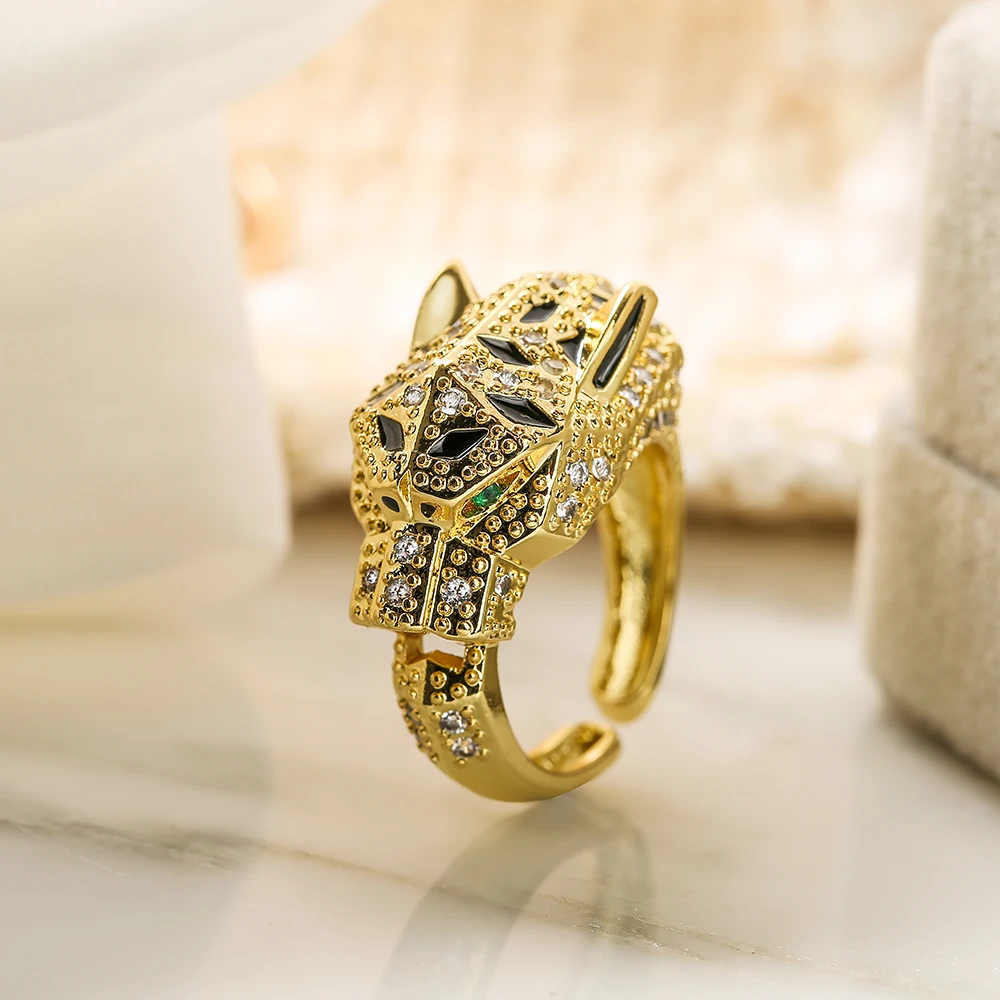 Women's Gold Color Zircon Leopard Open Ring, Statement Piece