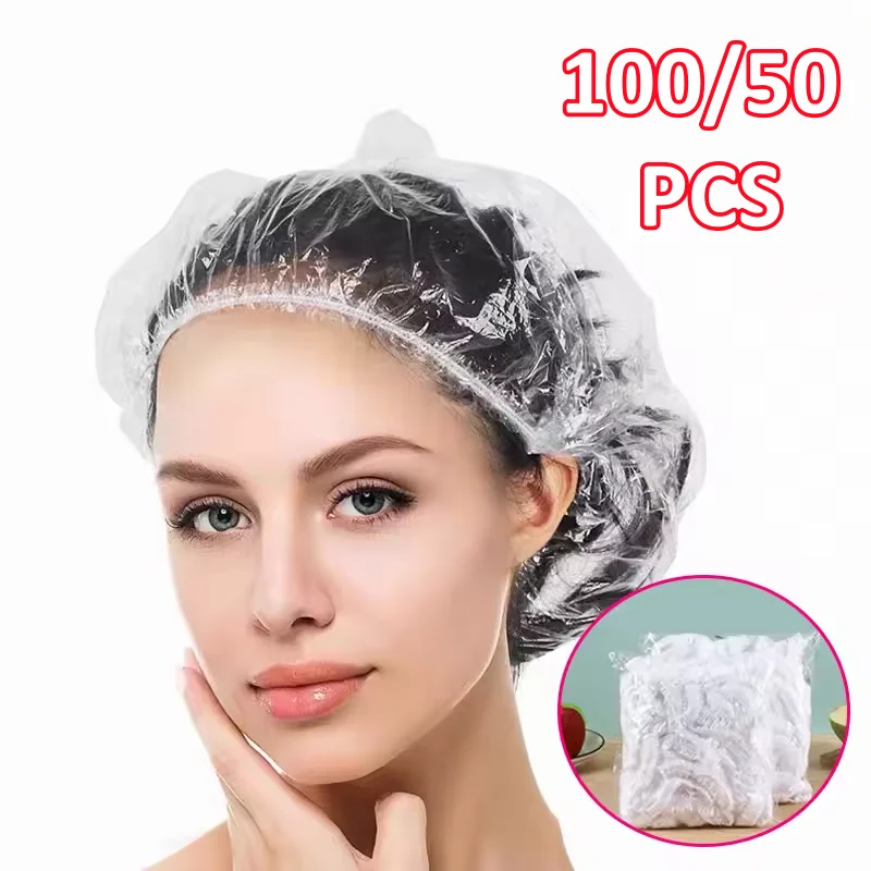 50/100 Stück Dicke Transparente PE Einweg-Duschhauben Elastische Plastik-Badekappen für Spa, Heimgebrauch, Hotel und Friseursalon, Reisen