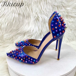 Tikicup 12cm 10cm Blue Spikes Rivets High Heel Gladiator Sandals Summer Woman Sexy Pointy Toe D'orsay Stiletto Pumps Party Shoes