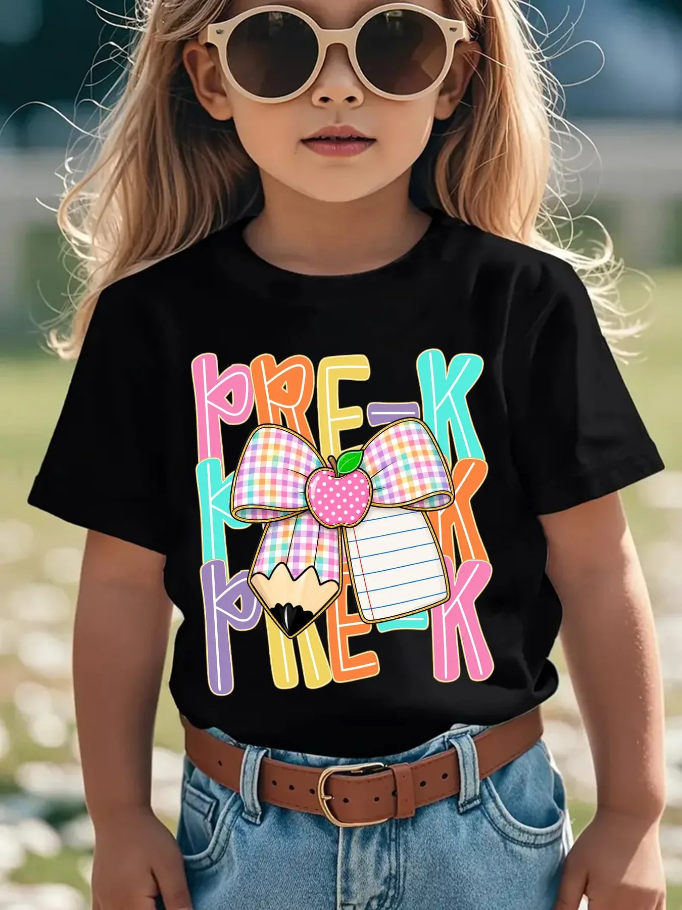 Toddler Girls Pre K Graphic T Shirt Colorful Letter Plaid Bow Apple Pencil Notebook Print Short Sleeve Back To School Casual Tee