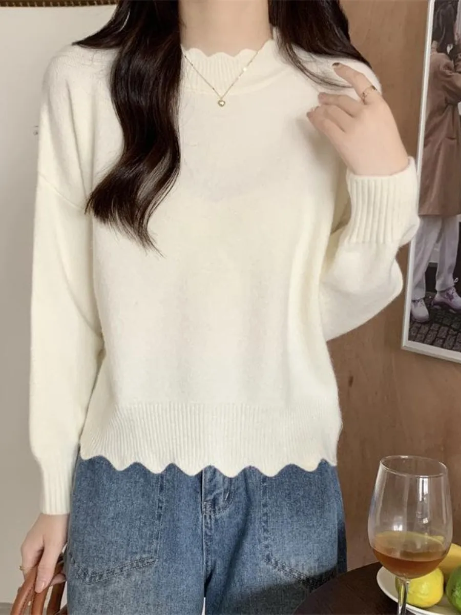 

Lace Trim Loose Fit Half High Neck Minimalist Knitwear Sweater Coat for Women Autumn Winter New Style Girl's Style Soft Mediu...