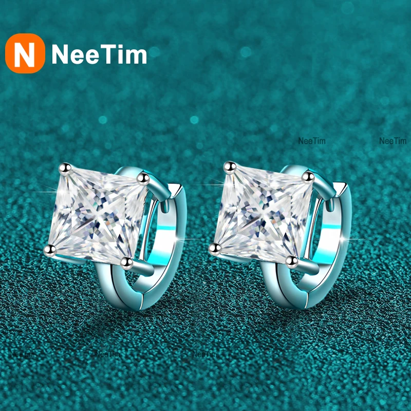 NeeTim 1ct 2ct  D Color Princess Moissanite Hoop Earring for Women Sparkling Lab Diamond 925 Sterling Silver Wedding Earrings
