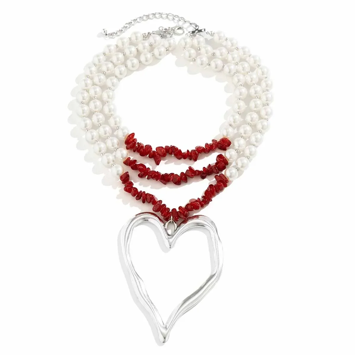 Fashion Multi-layer Imitation Pearl Ckoker Necklace Gothic Big Heart-shaped Pendant Necklace Women's Elegant Neck Jewelry