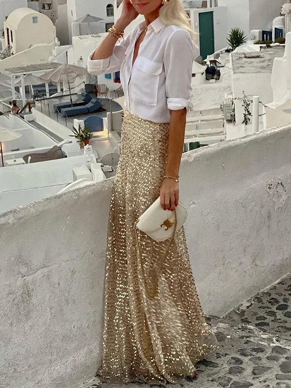 

Long Sequin Decorated Banquet Skirt Street Sle A-Line Midi Skirt Polyester Fiber Stand Fit Summer Collection Women's Fas...