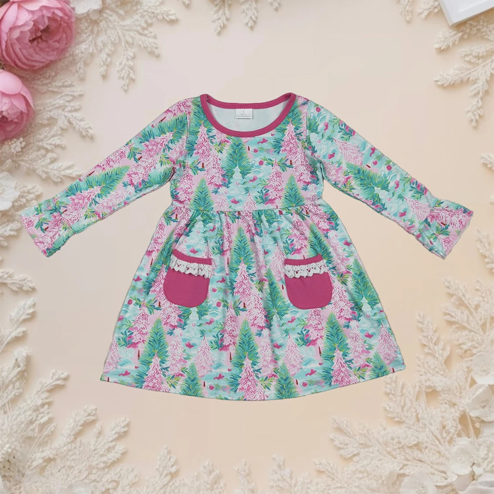 

3m-16years Baby Girl Long Sleeves Knee Length Princess Dress Kids Trees Floral Pockets Infant Toddler Clothes Children Clothing