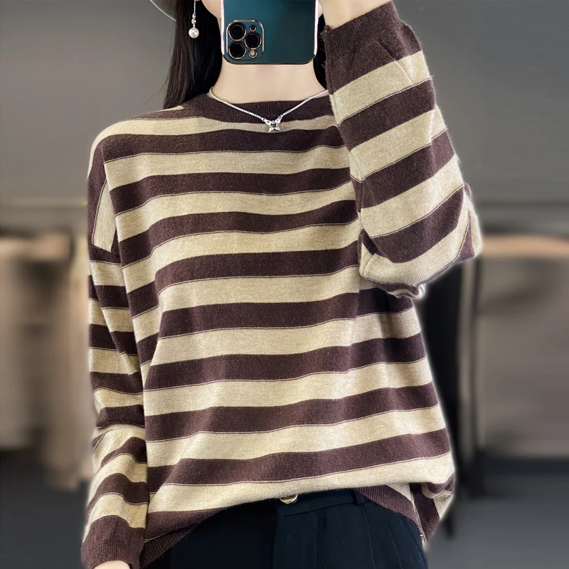 2024 Women\'s cashmere sweater sweater pullover striped knitted sweater Women\'s autumn and winter long sleeved loose sweater