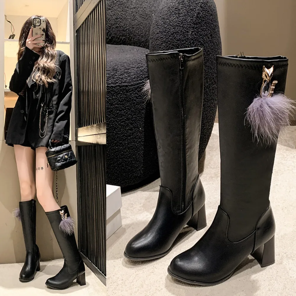 Black High Heel Long Boots Women 2024 New Chunky Heel Platform Women's Over The Knee Boots Winter Warm Female Shoes Botas Mujer