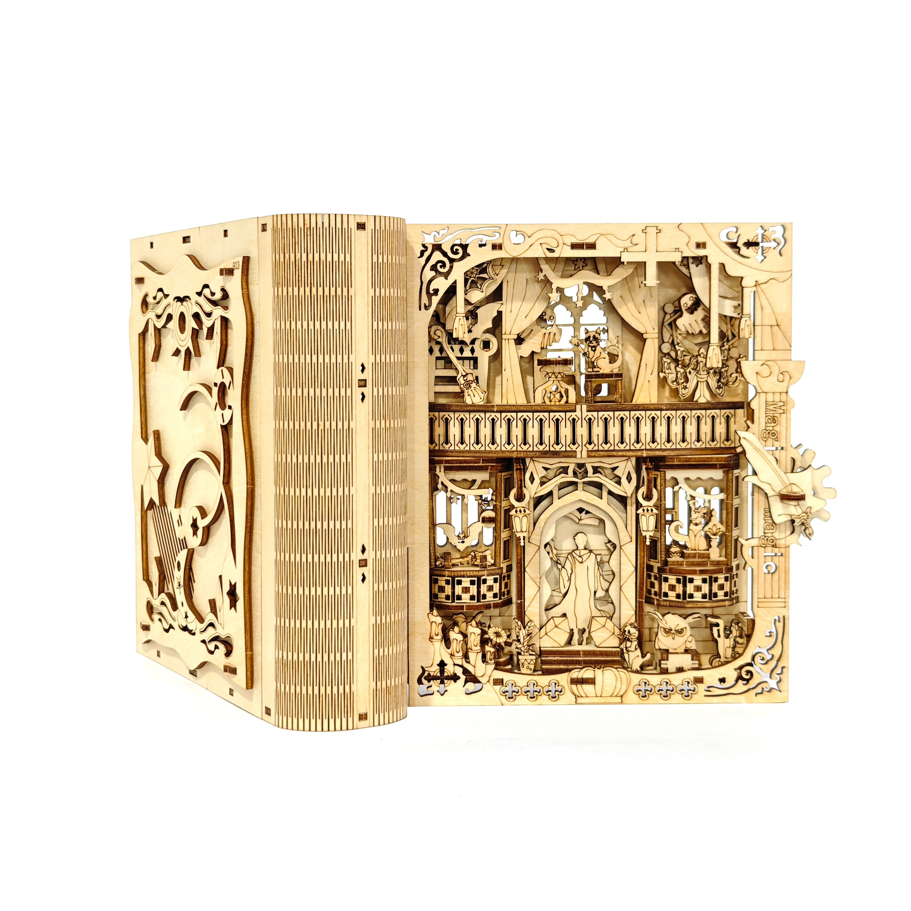 3Dヴィンテージマジック木製パズルブックモデルキット - 木製ホームデコレーション - 楽しいデスクトップ本棚デコレーション - ビルディングパーティーゲーム - 英語