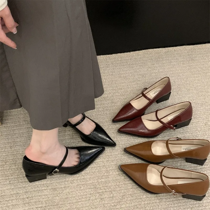 

Spring Autumn New Retro Style Thick Heel Women Mary Jane Shoes Fashion Shallow Pointed Toe Ladies Comfort Office Pumps Footwear