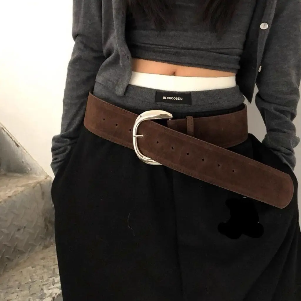 

Fashionable Design Brown Suede Belt Women Retro Wide Metal Buckle Jeans Girdle Maillard Western Cowboy Waistband Decoration