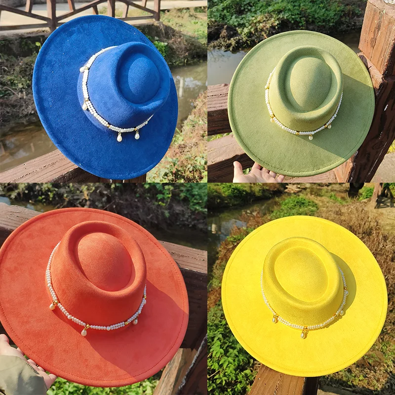 9.5 CM z dużym rondem Retro nubukowy skórzany kapelusz Fedora dla kobiet z pereł czapka z płaskim wierzchem jesienno-zimowym szerokim rondem luksusowy brytyjski