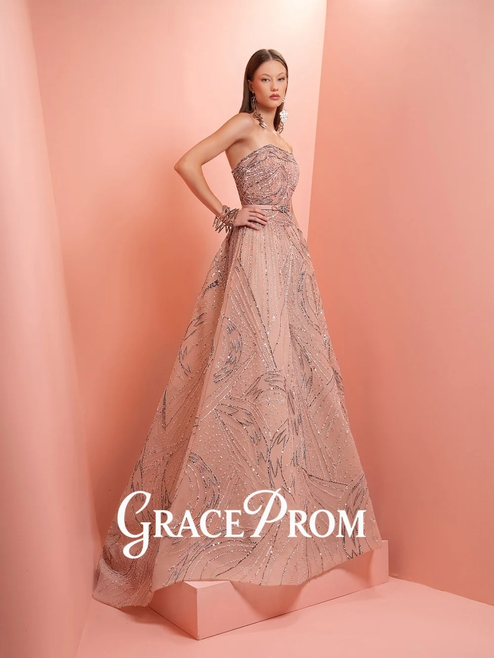 فستان سهرة GraceProm مذهل وردي أحمر الخدود بدون حمالات أنيق لامع ترتر بطول الأرض فستان سجاد رسمي للحفلات #2