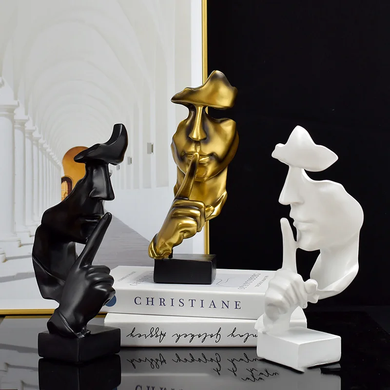 Thinker Statue Sculpture Silence Is Gold Figurines Resin Retro Home Decor For Office Study Living Room Abstract Face Ornaments