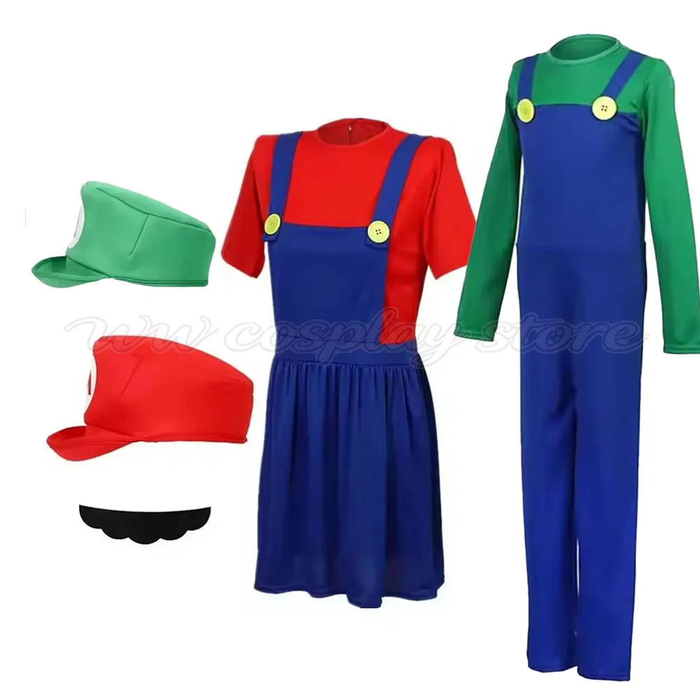 Lustiges Feiertags-Cartoon-Spielcharakter-Cosplay-Outfit, Overall mit passendem Hut und Bart-Set für Halloween-Party-Auftritte, auf Lager