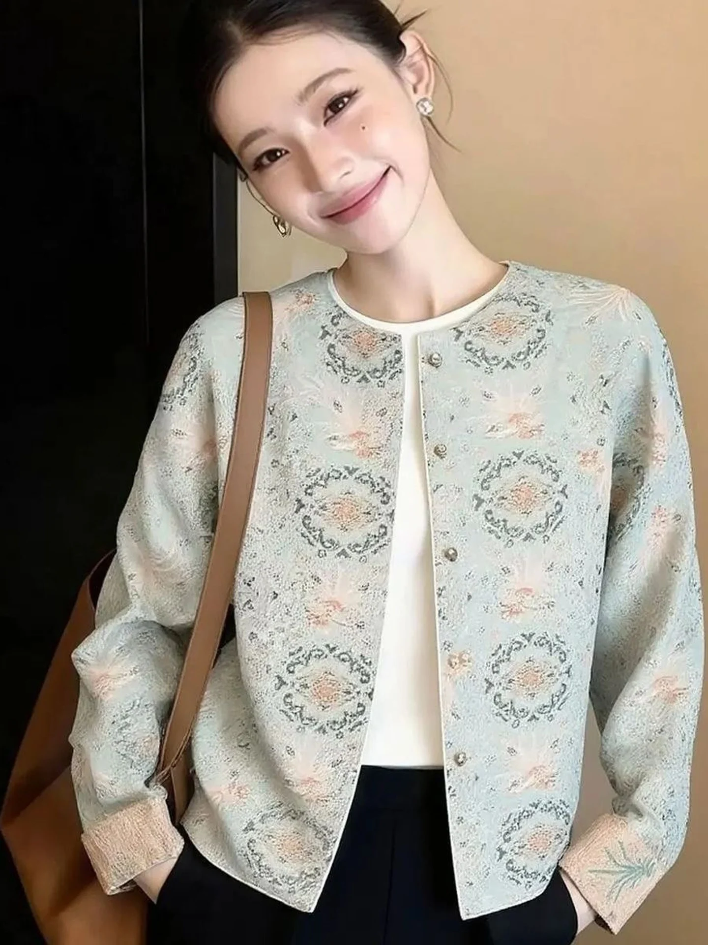 Chic Casual Open Cardigan Women's Loose Fit Fashionable Autumn New Style Anti-Wrinkle Plant Floral Patterned Versatile Top
