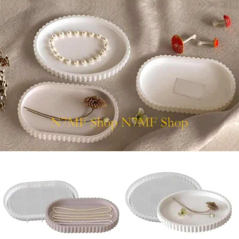 N7MF طبق بيضاوي قوي وصندوق الحلي قالب قالب سيليكون مخطط أنيق لإنشاء لوحة بيضاوية فردية ومنفضة سجائر