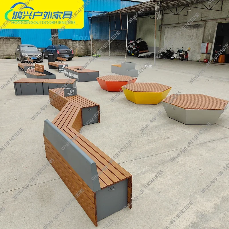 A63 Outdoor landscape wrought iron bench bamboo wood bench stainless steel park commercial solid wood park chair customization