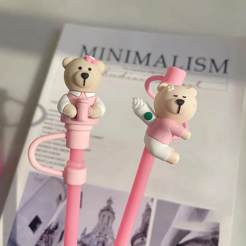 Cute Bear Straw Cover Dust Cap Silicone Kawaii Cherry Straw Toppers For Tumbler Pink Drinking Charm Decor Cover For 7-8mm Straws