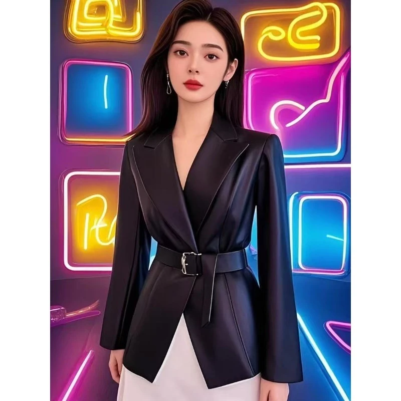 Korean Wear High-end Atmospheric High-grade Top Light Luxury High-end Sense Versatile Black Suit Leather Jacket Women's Autumn